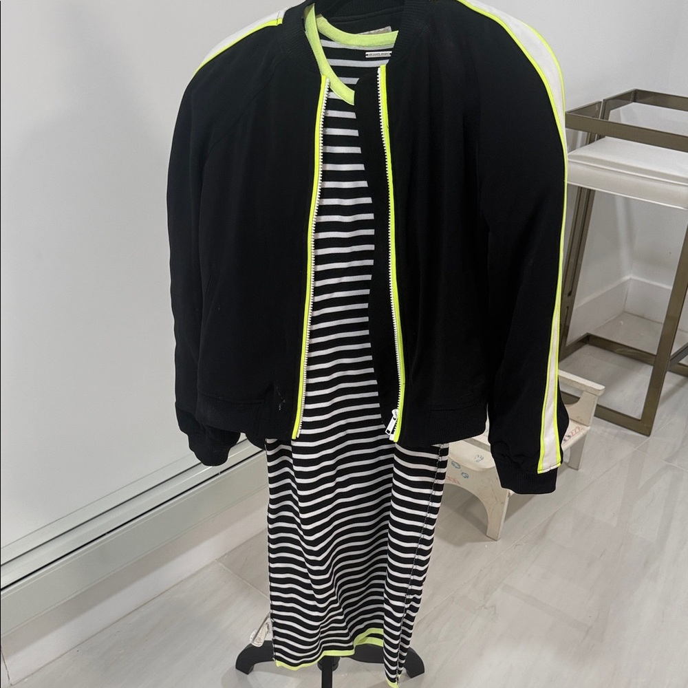 Michael Kors Black and Neon Yellow Striped Midi Dress